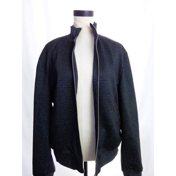 Zara Dark Gray Black Plaid Zippered Bomber Jacket Mock Turtleneck Large - Picture 5 of 7